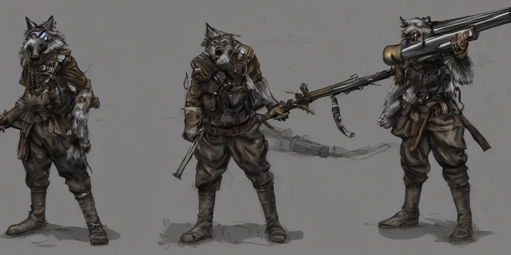 Prompt: concept art of a high fantasy ww1 werewolf soldier using a bazooka trending on artstation, detailed high resolution