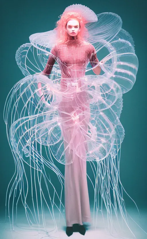 Image similar to fashion photography of a woman wearing an outfit inspired by a jellyfish, artistic photography, cinematic lighting, insanely detailed, chiaroscuro, cinestill 8 0 0 t, vogue magazine