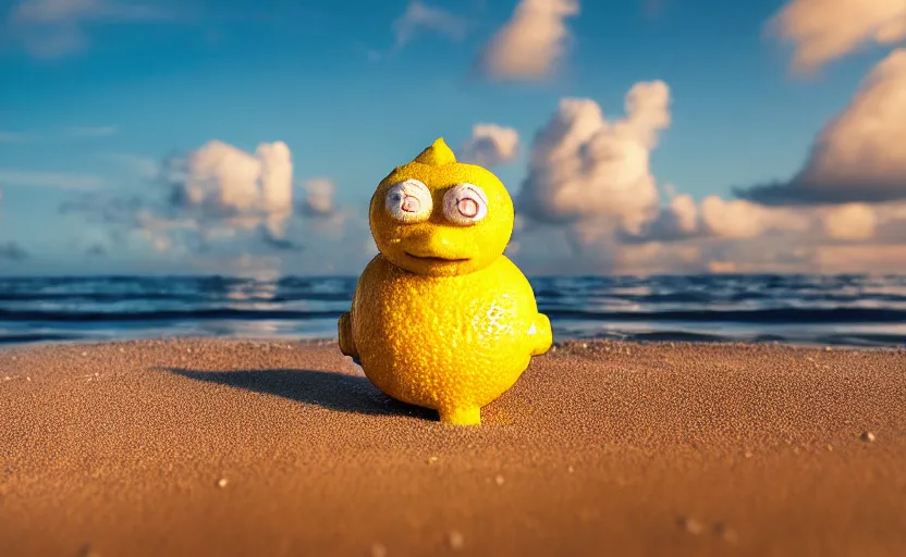 Image similar to 5 0 mm photograph, of a real anthropomorphic lemon character, with lemon skin texture, it is wearing a hat and scuba diving, building a sandcastle on the beach at sunset, beach, huge waves, sun, clouds, tropical trees, rim light, cinematic photography, professional, sand, sandcastle, volumetric lightening