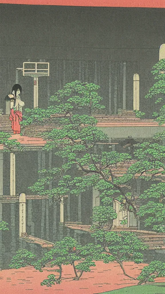 Image similar to a beautiful ancient bathhouse with a bathing alien creature in spring by hasui kawase