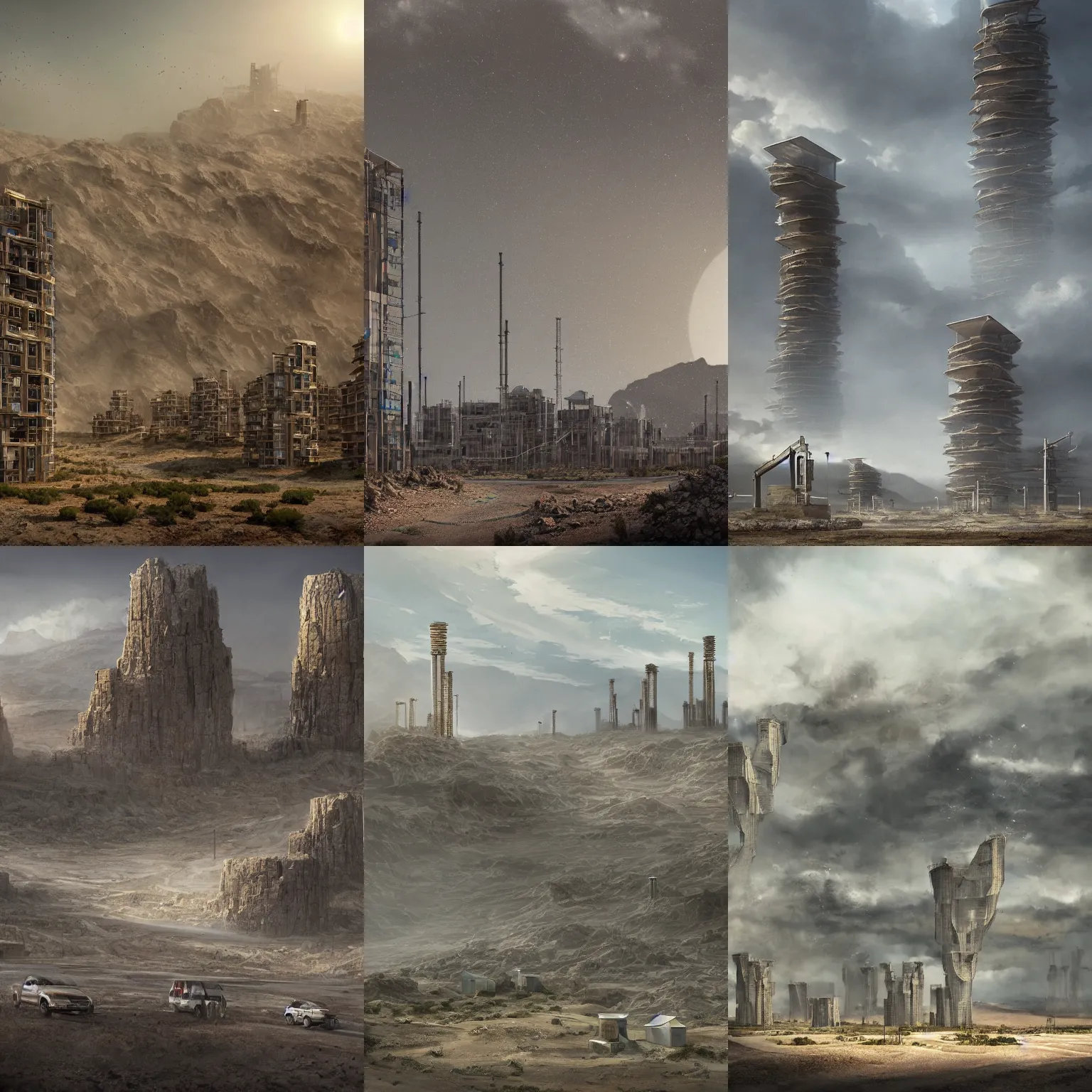 Prompt: eco apartment living towers in a very very very barren, rocky desert, dirt roads, oil pumping machines, rocky mountains in background, dust swirling, diffuse lighting, strong imagery, highly detailed, by Greg Rutkowski, illustration, highly detailed , 8k, cinematic lighting, HD, high detail, atmospheric, trending on artstation