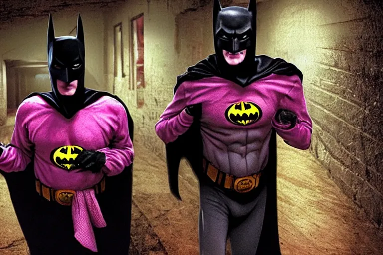 Image similar to michael keaton batman covered in beer wearing pink apron wielding an axe, chasing through old brown decrepit hallway, creepy smile, atmospheric eerie lighting, photorealistic face, dim lighting, bodycam footage, motion blur, photograph, first person shooter perspective with pistol