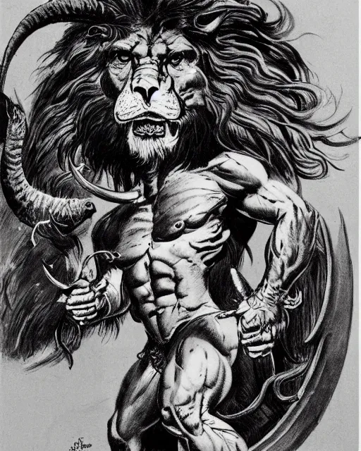 Image similar to a creature with the body and eyes of a man, with the beak of an eagle, the mane of a lion, and the horns of an ox. drawn by frank frazetta