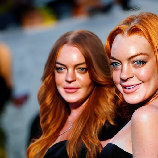 Image similar to Selfie photograph of Lindsay Lohan and Lindsay Lohan, golden hour, 8k,