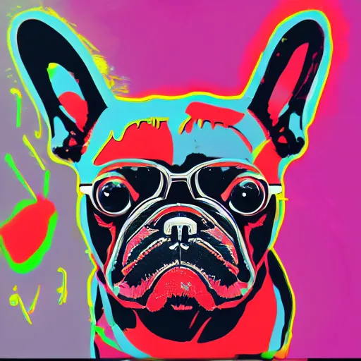 Image similar to illustration of cyberpunk french bulldog in vr helmet, colorful splatters, by andy warhol and by zac retz and by kezie demessance