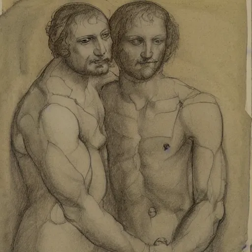 Prompt: portrait of two men holding hands by leonardo da vinci sketch style