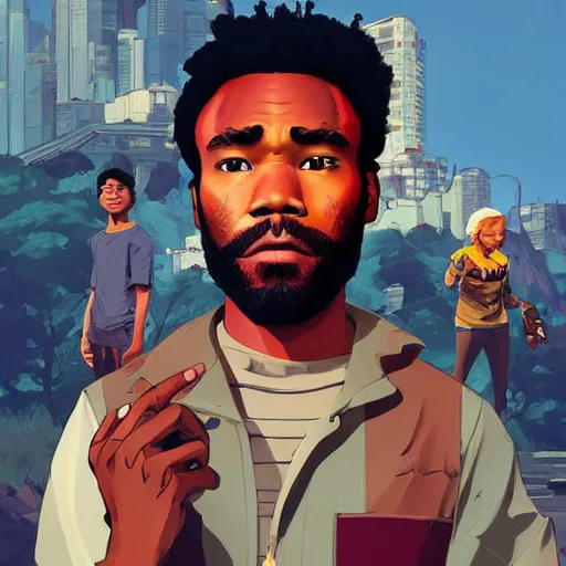 Image similar to donald glover, art gta 5 cover, official fanart behance hd artstation by jesper ejsing, by rhads, makoto shinkai and lois van baarle, ilya kuvshinov, ossdraws, style of borderlands and by feng zhu and loish and laurie greasley, victo ngai, andreas rocha, john harris