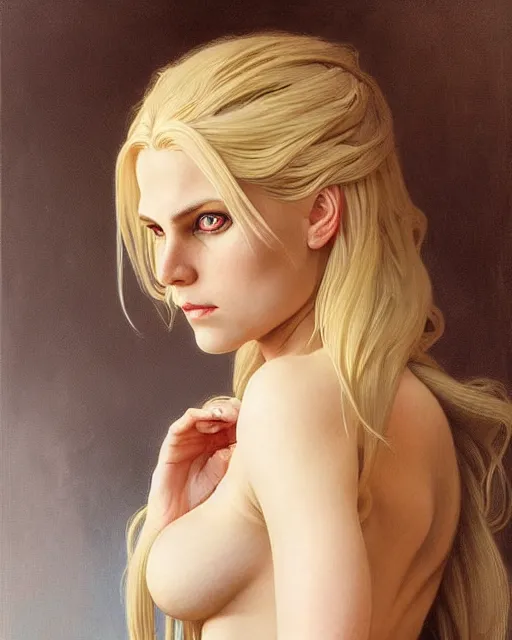 Image similar to portrait of a blonde vampire, dark, piercing eyes, gentle expression, elegant clothing, photorealistic, highly detailed, artstation, smooth, sharp focus, art by michael whelan, artgerm, greg rutkowski and alphonse mucha