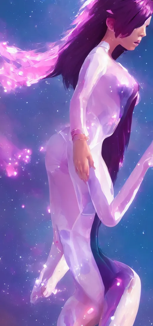 Image similar to beautiful woman floating in space peacefully, crystallized bodysuit, pinks blue an purples, extra long hair, full body, wojtek fus, by Makoto Shinkai and Ilya Kuvshinov,