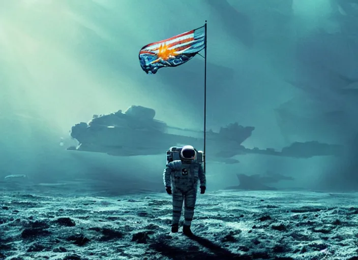 Image similar to astronaut holding a flag in an underwater desert. a submarine is visible in the distance. dark, concept art, cinematic, dramatic, atmospheric, 8 k, trending on artstation, blue, fish, low visibility, light rays, extremely coherent, bubbles, fog, ocean floor, christopher nolan, interstellar