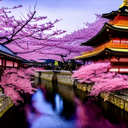 Prompt: the city of kyoto 1 0 0 0 years ago at night,, with many cherry blossoms in full bloom, petals floating in the sky, in the style of studio fantasy, 8 k