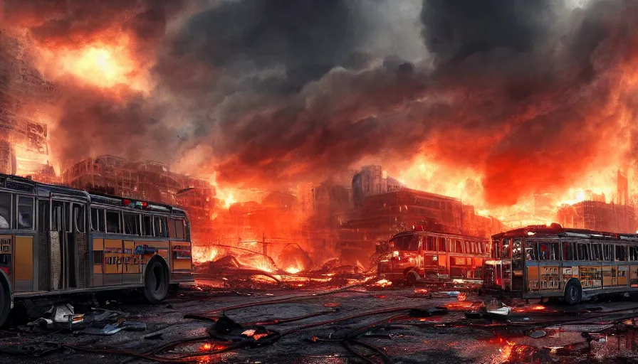 Image similar to A detailed render of a post apocalyptic scene of Fire and explosions on the 3rd precinct, burned down city buses on fire, sci-fi concept art, lots of fire, panic, dark, clouds, 8k, high detail, advanced rendering whimsically designed art, 4k post-processing highly detailed, Soft illumination