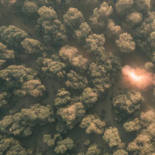 Image similar to an aerial photo of a convoy of futuristic tanks riding in a long line into a smoky hole in the ground, moody cinematic light