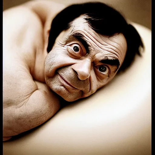 Image similar to photographic portrait by Annie Leibovitz of mr bean in a hot tub, closeup, foggy, sepia, moody, dream-like, sigma 85mm f/1.4, 15mm, 35mm, 4k, high resolution, 4k, 8k, hd, full color