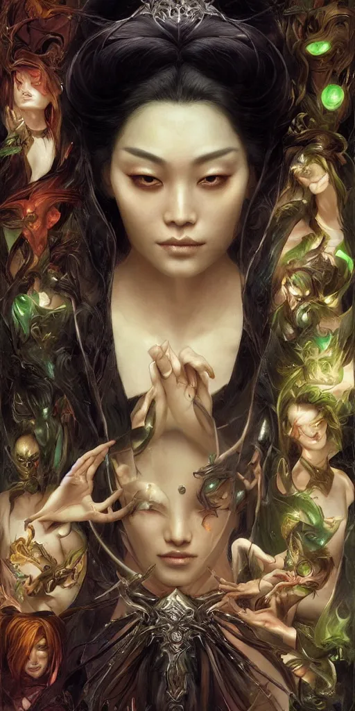Image similar to epic masterpiece portrait of a dark asian sorceress with a magic wand, followed by heads with many faces, beautiful face and flawless skin, perfect hands, emeralds by Edgar Maxence and Ross Tran and Michael Whelan, Legends of Runeterra