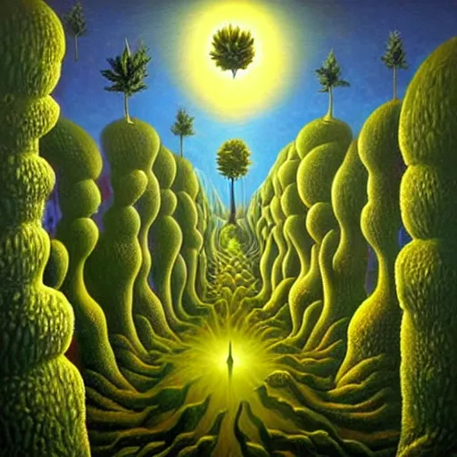 Prompt: surrealistic painting of cannabis trees on alien planet, by vladimir kush
