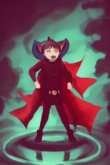 Image similar to little boy with cat ears in an black outfit with red cape. digital artwork made by lois van baarle and kentaro miura, sharpness focus, inspired by hirohiko araki, anatomically correct, heroic composition, hero pose, smooth, nightclub