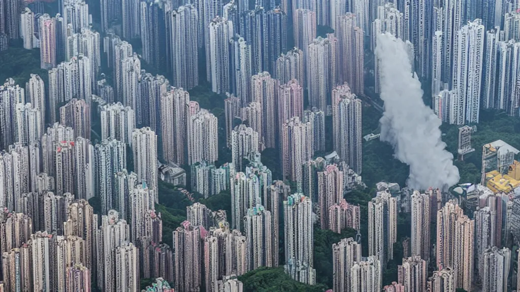 Prompt: a tornado ripping through the city of hong kong, aerial photography,