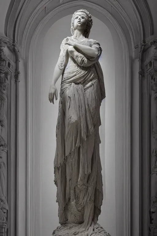 Prompt: a cinematic view of an highly ornated intricate macabre impressionist sacred statue of veiled girl made in light concrete, with few ornaments in shiny polished graphite, sculpted by hedi xandt and antonio corradini