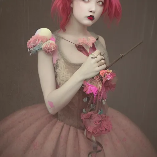Image similar to 8 k, octane render, realism, tonalism, renaissance, rococo, baroque, portrait of a creepy young lady wearing long - harajuku manga - dress with flowers! and skulls, cotton candy