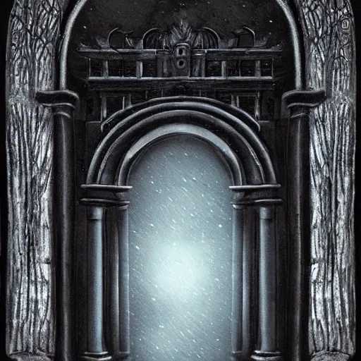 Image similar to dark etherial gate portal to a different dark world, midnight, quiet and serene, high detail, mystery, dramatic