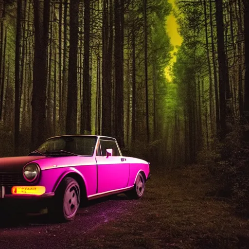 Image similar to fiat 1 2 4 in the dark forest, night, headlights are on, professional photography, vaporwave