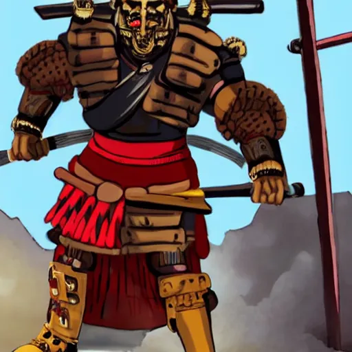 Prompt: big buff very strong very buff samurai wearing a cybernetic oni mask, movie still