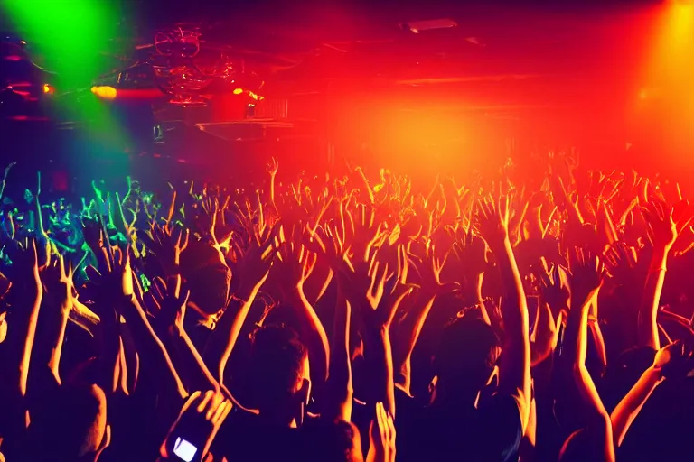 Prompt: crowd partying with their hands up at a club, volumetric lighting, haze, moving heads light beams, spot lights, discoball, dj on stage with raised hands, silhouette, digital art, trending on artstation, 4k, unreal engine, intricate, ornate