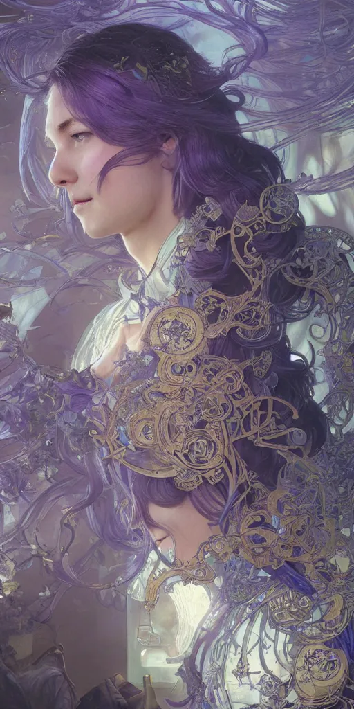 Image similar to a highly detailed digital image of an imagination creation machine, concept art, artstation, cgsociety, very detailed, intricate, detailed illustration, by artgerm and greg rutkowski and alphonse mucha, product lighting, sharp, smooth, masterpiece, purple and blue tones