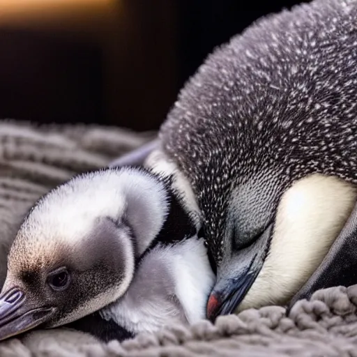 Image similar to baby penguin cuddling in a cosy bed