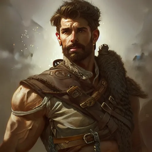 Image similar to Portrait of rugged male ranger, D&D, muscular, fantasy, intricate, elegant, highly detailed, digital painting, artstation, concept art, smooth, sharp focus, illustration, art by artgerm and greg rutkowski and alphonse mucha