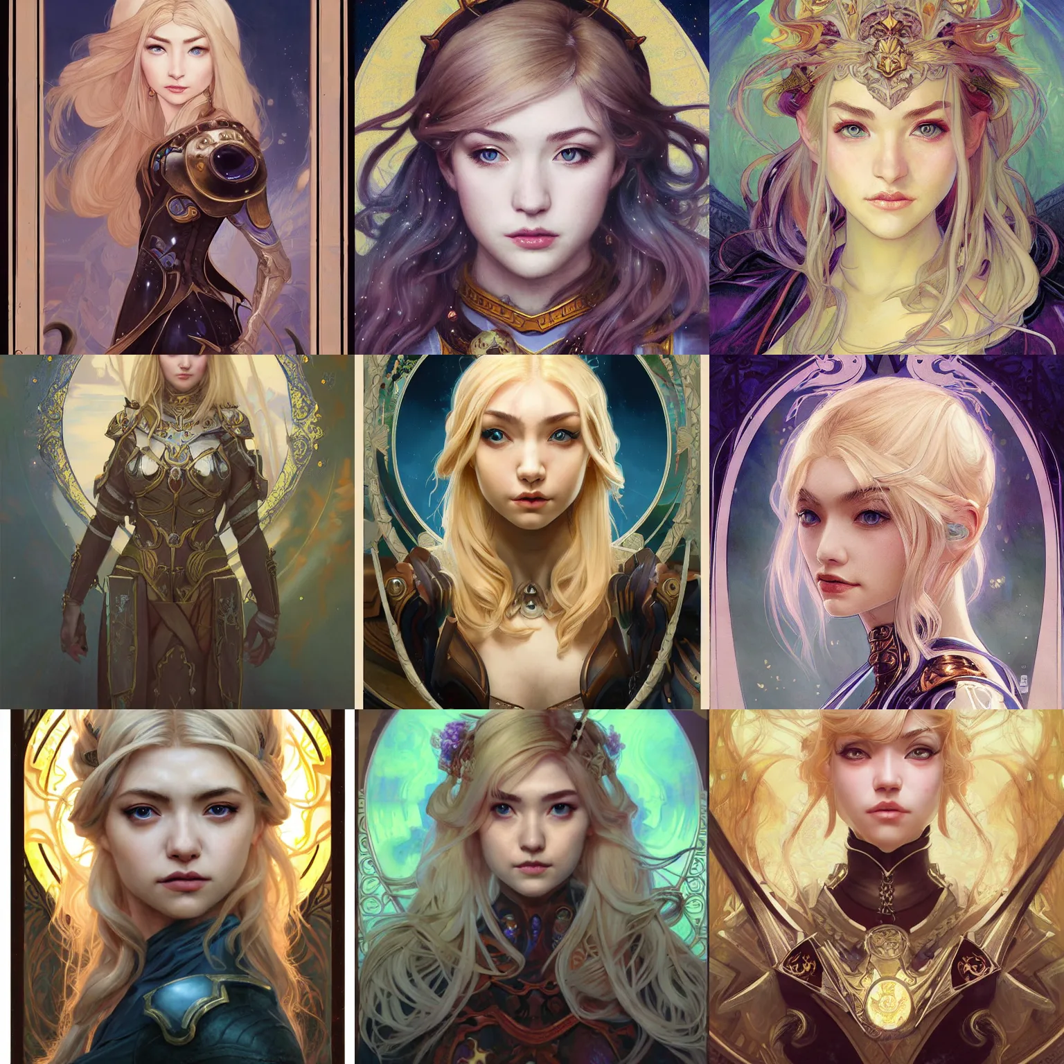 Prompt: masterpiece head-on symmetrical centered painted portrait, Imogen Poots as World of Warcraft paladin, blonde hair, elegant, in the style of ROSSDRAWS and Ruan Jia and Ross Tran and Alphonse Mucha and Ayami Kojima and Charlie Bowater and Karol Bak and Jean Delville, Pixar, Maya engine, splash comics, tarot card style, Art Nouveau, rich bright colours