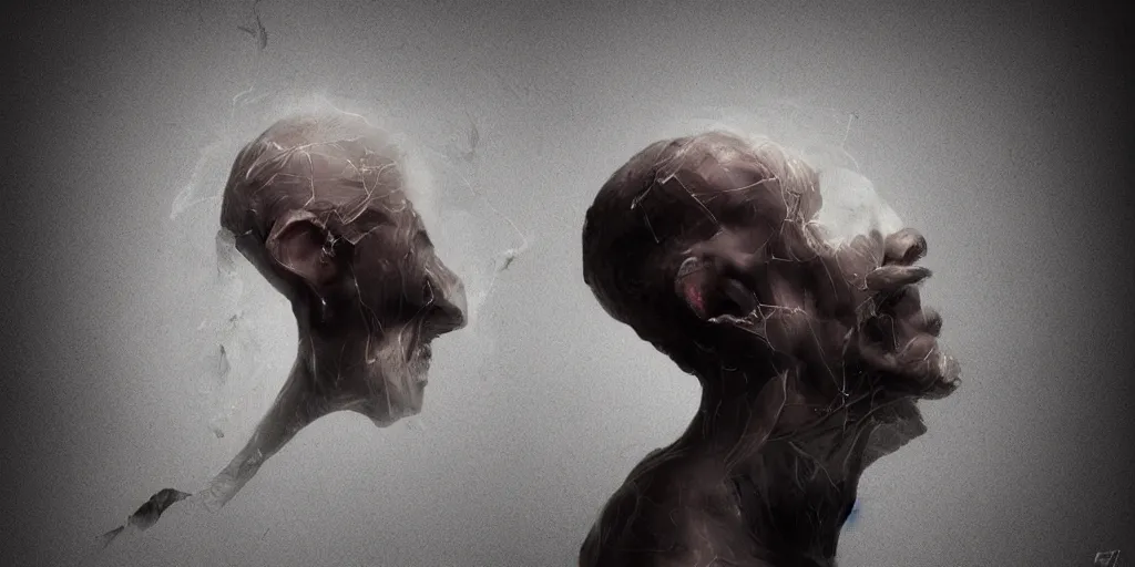 Image similar to a man falling through ears and sound waves, creepy and abstract, crack down the middle featured on artstation, cgsociety, Behance hd