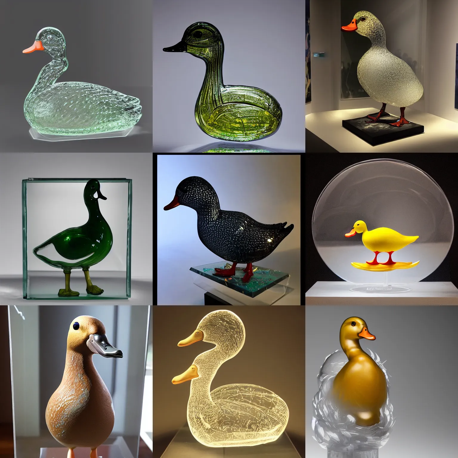 Prompt: portrait of a transparent sculpture of a duck made out of glass in an art gallery, fantasy, trending on artstation