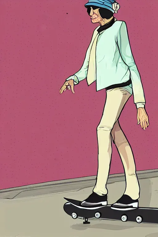 Prompt: a portrait of a fashionable gran on a skateboard in los angeles, in the style of gta waiting screen