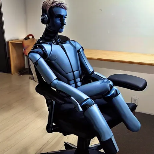 Image similar to “a realistic detailed photo of a guy who is an attractive humanoid who is half robot and half humanoid, who is a male android, twitch streamer Ninja Tyler Blevins, shiny skin, posing like a statue, blank stare, on a gaming chair streaming”