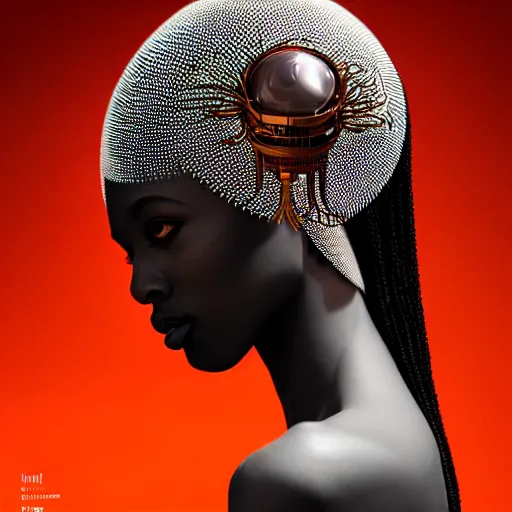 Prompt: portrait of an absurdly beautiful, graceful, sophisticated, fashionable african cyberpunk mechanoid gravure idol, hyperdetailed illustration by irakli nadar, adut akech, matt wisniewski style, intricate linework, white porcelain skin, jellyfish headdress, crystal ruff, unreal engine 5 highly rendered, global illumination, red light, detailed and intricate environment