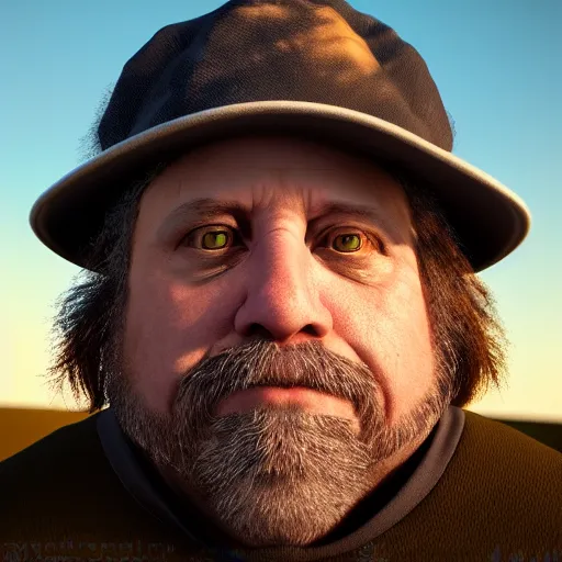 Prompt: bobcat goldthwaite, hyperrealstic, painterly, unreal engine, head shot, natural lighting, eerie shadows, evening, 4 k