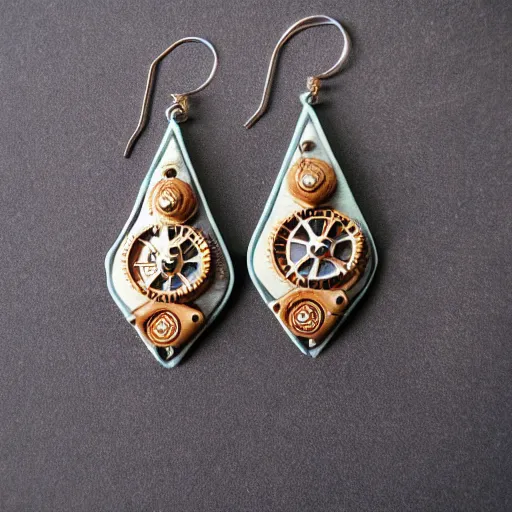 Image similar to Steampunk earring design, polymer clay earrings, product photography, studio photo