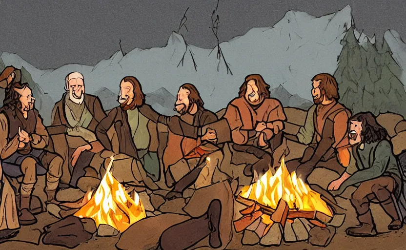 Prompt: illustration of the fellowship of the ring making s'mores around a campfire