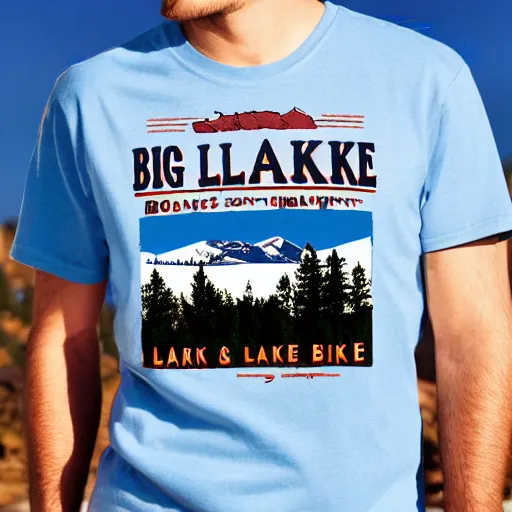 Prompt: souvenir, big bear lake California themed, t-shirt design, t-shirt photography, bears, mountains, lakes, trees