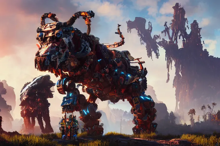 Image similar to behemoth machine mecanical creature robot of horizon forbidden west horizon zero dawn bioluminiscence global illumination ray tracing hdr fanart arstation by sung choi and eric pfeiffer and gabriel garza and casper konefal