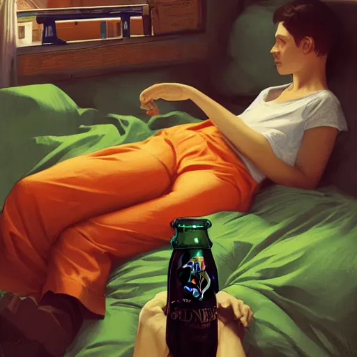 Image similar to guinness bottles and young man in orange shirt and a girl in green shirt sleeping in bed, highly detailed, digital painting, artstation, concept art, smooth, sharp focus, illustration, art by artgerm and greg rutkowski and alphonse mucha