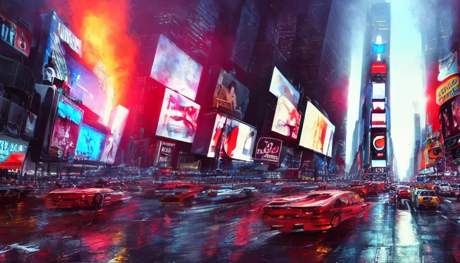 Image similar to Times Square on fire, hyperdetailed, artstation, cgsociety, 8k