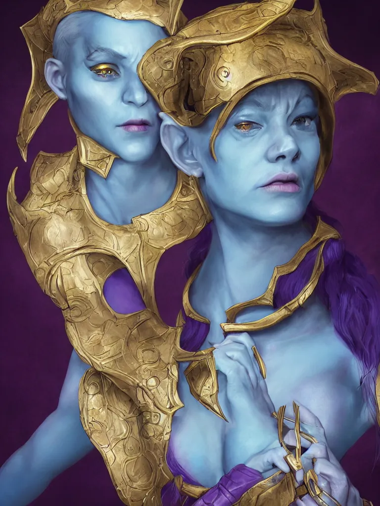 Image similar to A professional digital portrait painting of a female tiefling trickery domain cleric with blue skin dressed in light armor, 4k, digital art, trending on cgsociety, renaissance painting, highly detailed, head and shoulders shot, shallow depth of field, purple and yellow lighting, professional lighting, The Grand Budapest Hotel, airbrush, Hayao Miyazaki
