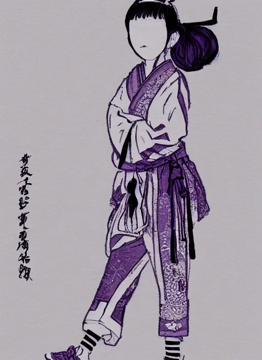 Image similar to ! dream a black and white rough sketch with slight purple tones of a girl wearing traditional clothing of a japanese miko in the harajuku style wearing yeezy 5 0 0 sneakers