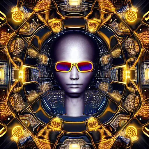 Image similar to an insanely detailed cibernetic artwork of a futuristic artificial intelligence superstar, centered image, with frames made of detailed fractals, octsne render, 4k, insanely detailed, detailed grid as background, cgi