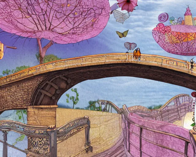 Prompt: detailed bridge with unexpected fabric elements. 8 x 1 6 k hd mixed media 3 d collage in the style of a childbook illustration in soft natural tones. matte background no frame hd