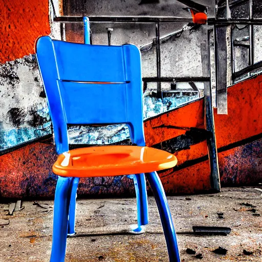 Prompt: detailed details photos from abandoned warehouse with one blue plastic old chair in middle, and orange cat sittin on it, extreme long shot, in the style of moneta sleet jr. and j. ross baughman