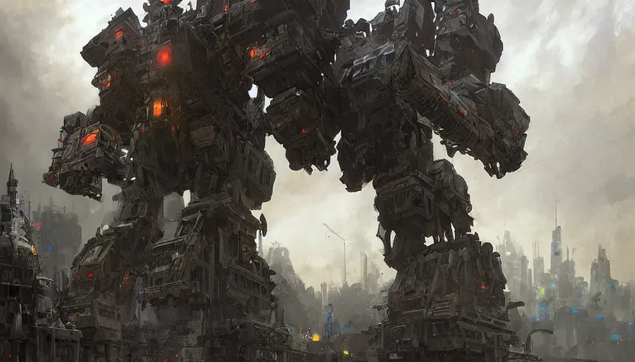 Image similar to imposing mech destroying the city, very detailed and intricate costume design, inspired by transformers movies, elite, ornate, dark hazy environment, ambient lighting, cinematic, epic, by craig mullins